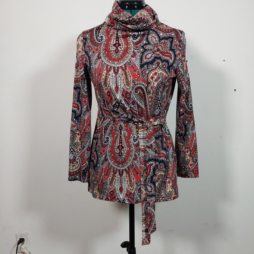 Vintage Center Stage Paisley Turtleneck Tunic Top Red Navy Boho Belted Small